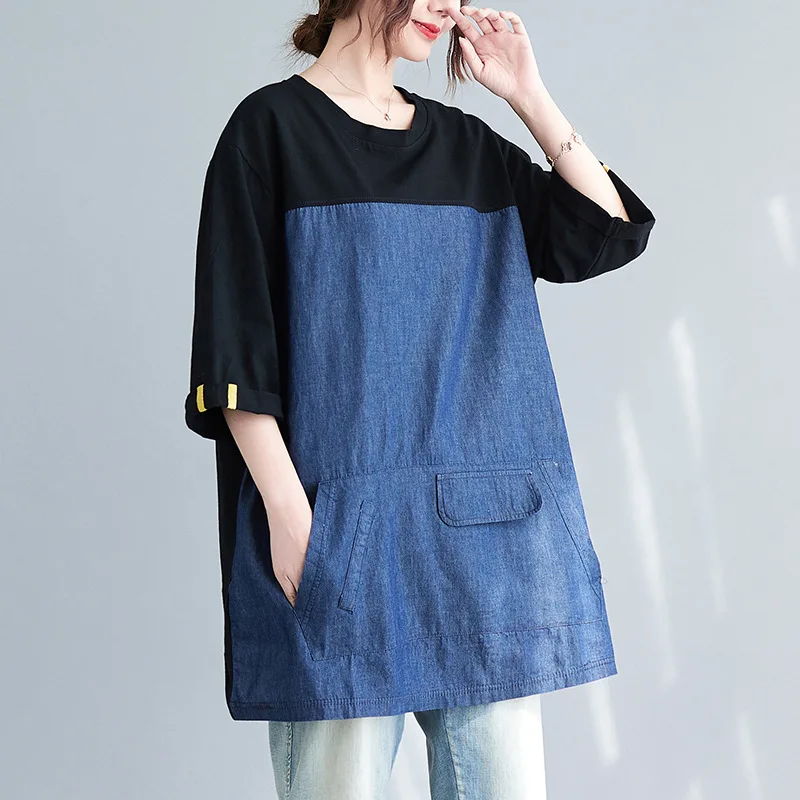 160Kg Large Size Women\'s Bust 160 Summer Loose Denim Colorblock Top Short-Sleeved Round Neck T-Shirt Black 6XL 7XL 8XL 9XL 10XL