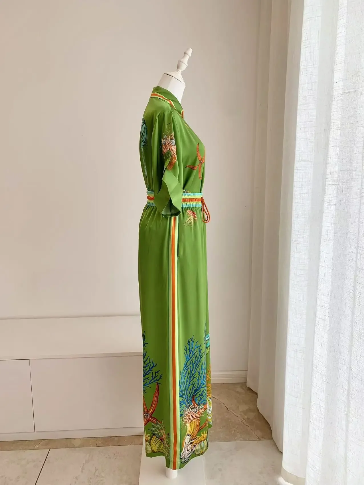 Kemeja sutra 100% wanita hijau motif cetak lengan pendek kemeja modis+celana panjang celana lebar celana lurus setelan wanita