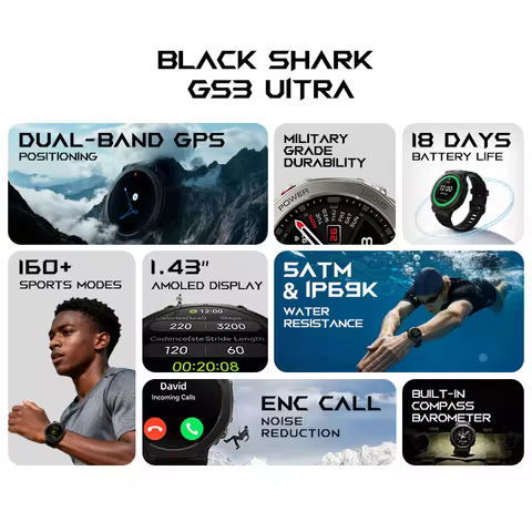 New BlackShark GS3 Ultra Smartwatch Equipped with dual-frequency GPS 5ATM &IP69K Water Resistant Military Grade Durability