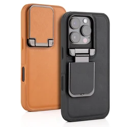 For iPhone 16 Pro Max ,16 Pro Case Luxury PU Leather+TPU Edge Invisible Camera Lens Fold Flip Stand Cover with Microfiber Lining