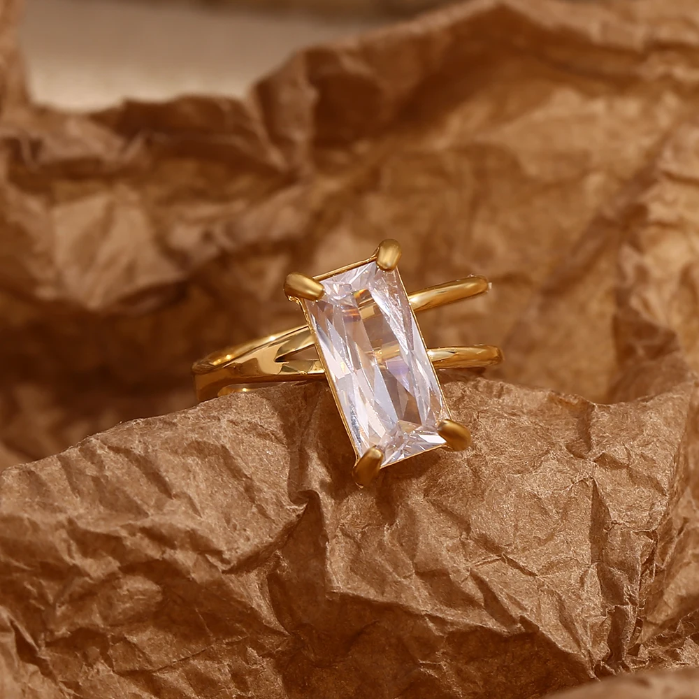 E.B.belle Luxus Hochzeit Doppelschichtiges Rechteck AAA Zirkon Fingerdekoration schöne Frauen Edelstahl Damenschmuck
