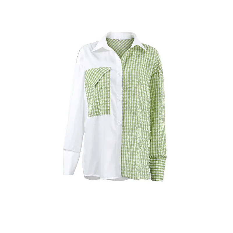 

Plaid Green Patchwork White Shirts Oversize Long Sleeves Tops Street Style Women Blouses Summer Autumn 2024 Pockets Office