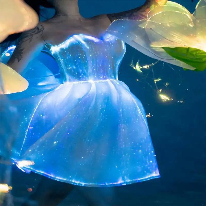 Luminous fiber optic princess dress colorful white dress LED luminous small skirt