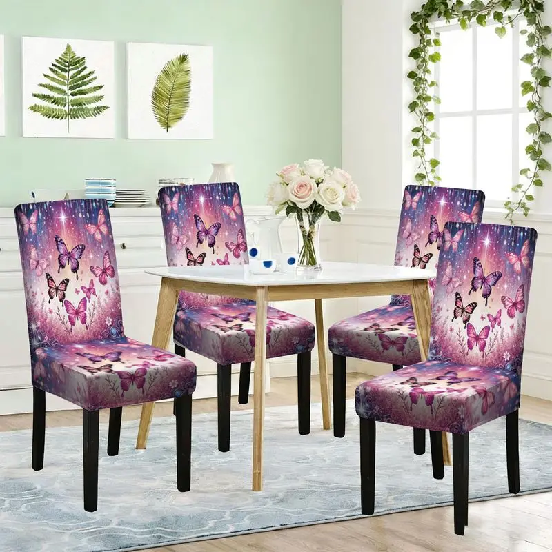 

Flat print elastic dining chair cover, pink purple butterfly starry sky flower field pattern, removable and washable