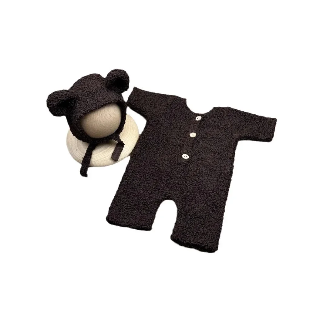 Newborn Photography Props Baby Bear Outfit Jumpsuit Hat Baby Boy Girl Animal Photo Prop