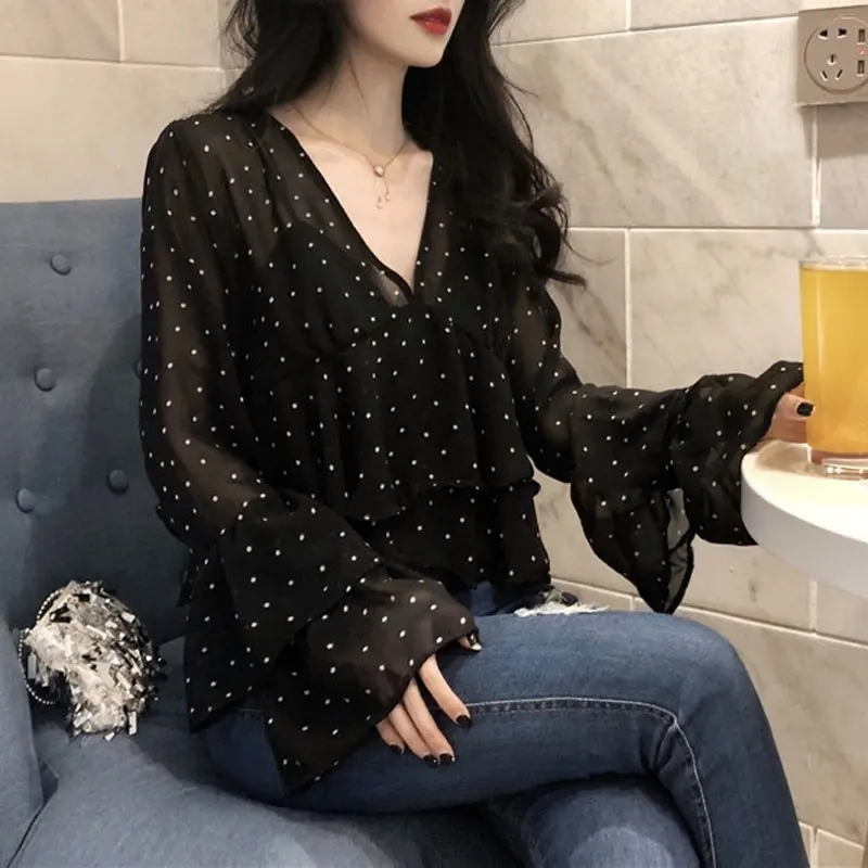 Spring Summer New Sweet Long Sleeve Ruffles Blouse Women\'s Clothing Loose Stylish Folds Korean All-match Polka Dot Chiffon Shirt