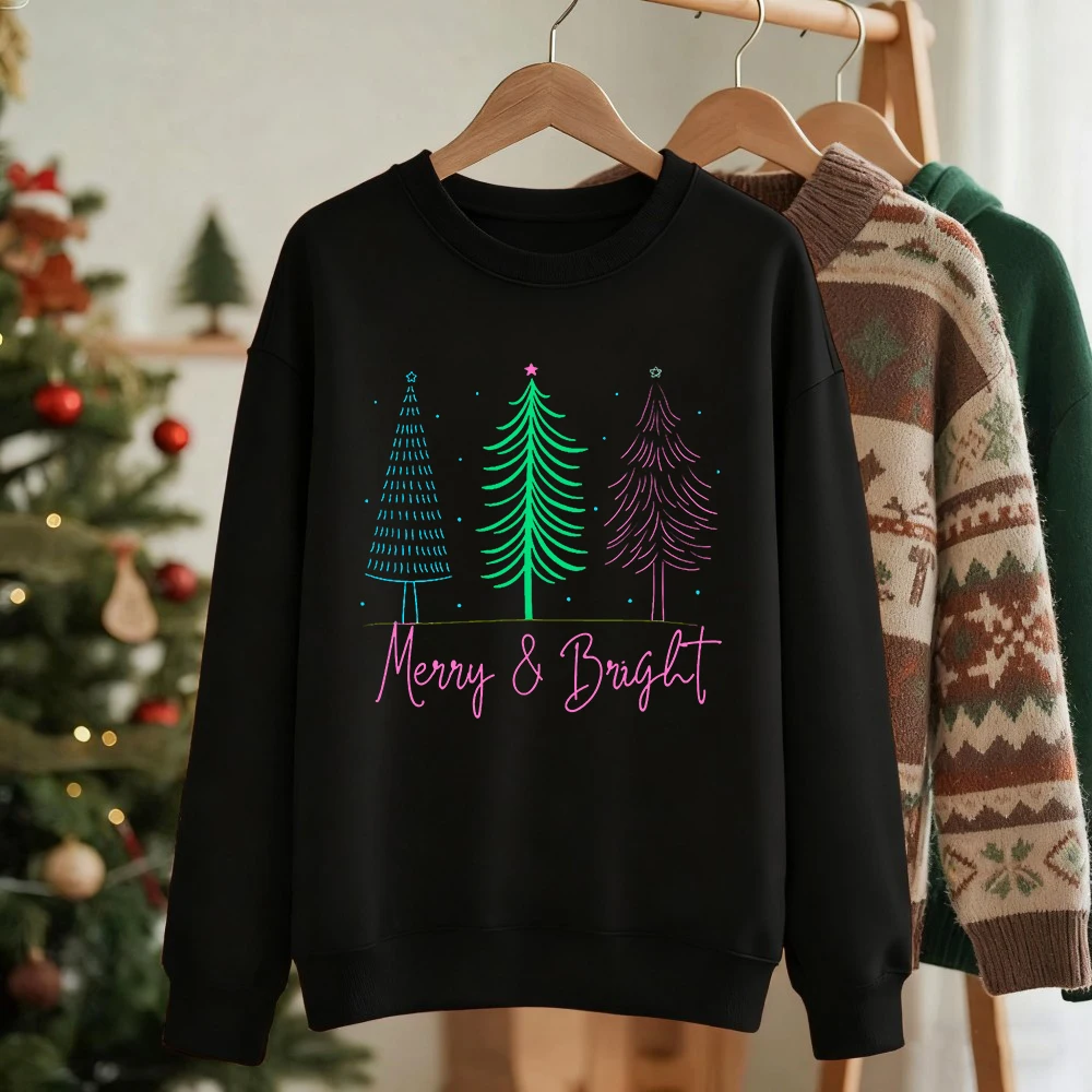 Merry Bright Christmas Trees Stampe Felpe da donna Girocollo Nozioni di base Felpe con cappuccio in pile Caldo pullover allentato Abbigliamento casual invernale