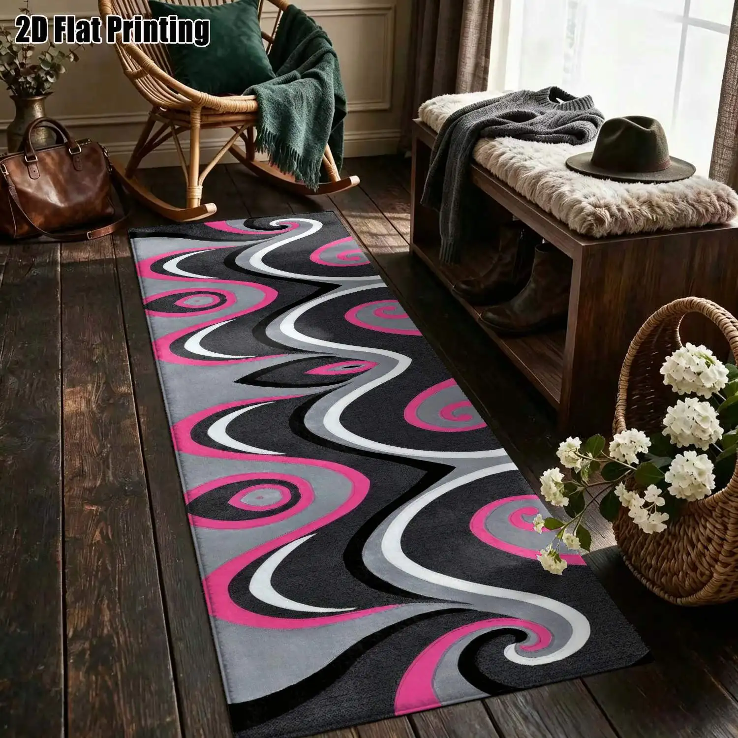1Pc 2D Printed Long Strip Runner Carpet: Nordic Spiral Pattern, Suitable for Instagram Decor, Minimalist & Geometric Styles, Home Use, Multiple Sizes, Machine Washable, Ideal for Entryway, Living Room, Bedroom, Hallway