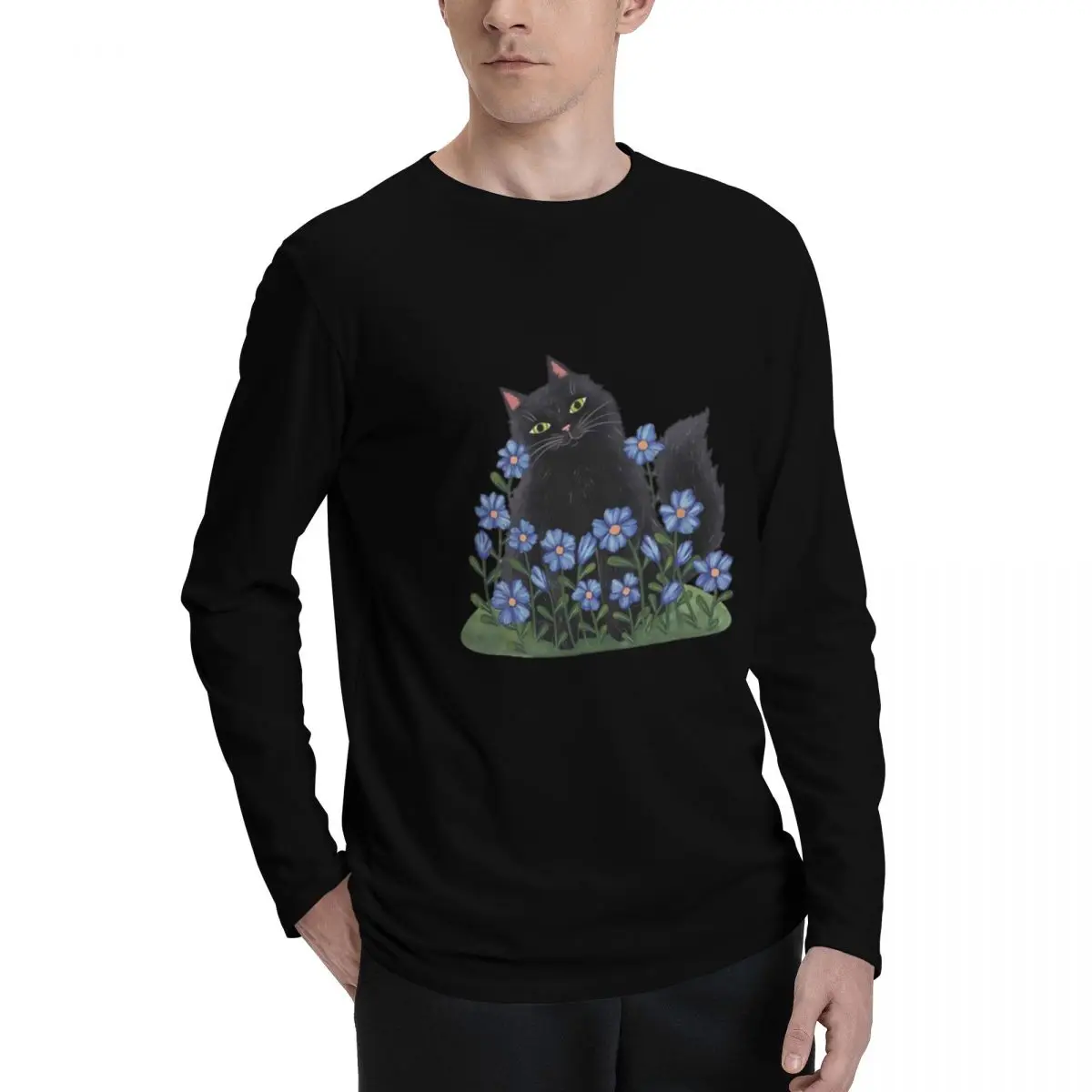 Black_Cat_and_Blue_Flowers Premium Men's Long Sleeve Tee - Classic Design with Superior Comfort for All-Day Wear