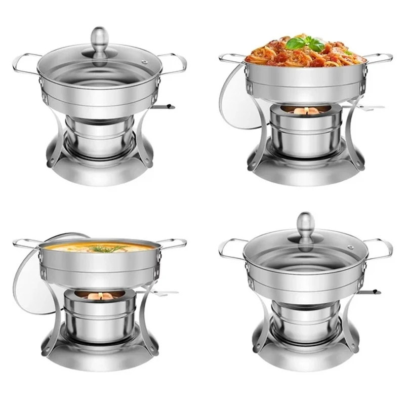 4 Pack Round Chafing Dish Set Food Warmer Container with Glass Lid Stainless Steel Home Hotel Wedding Buffet Catering Warmer Pan