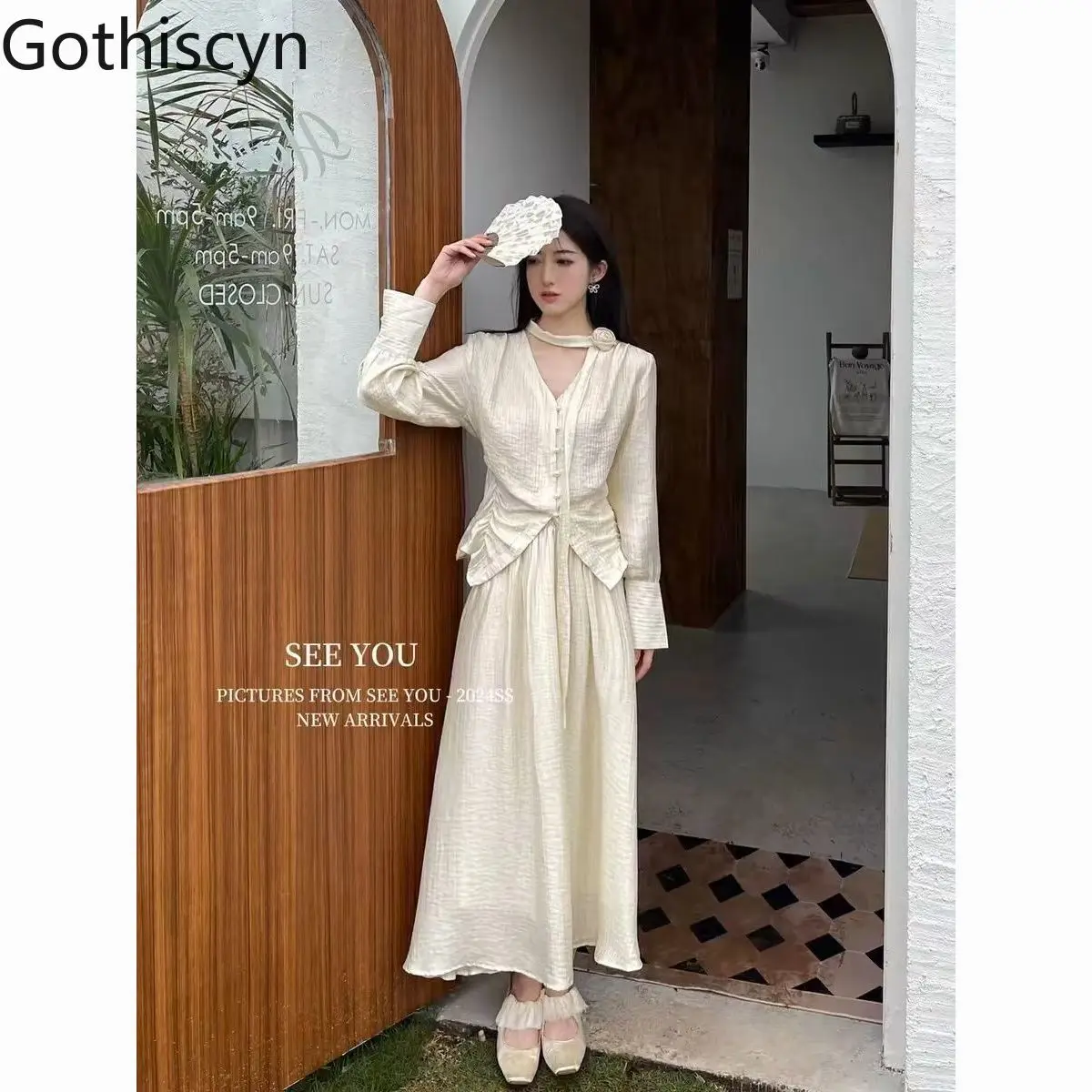 

Gothiscyn New Chinese Style Irregular V-neck Slim Short Sleeve Top High Waist A-line Long Skirt Set Two Piece Set Women Outfits