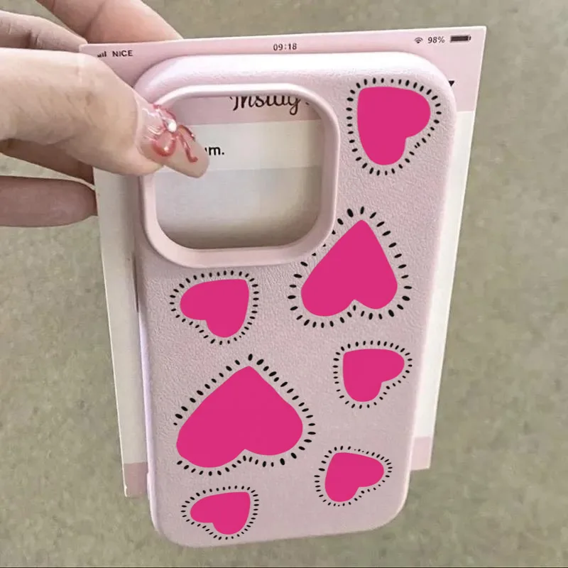 Magenta Heart Shape Pattern Lychee Phone Case For Samsung Galaxy S25 S26 Ultra S24 S23 S22 S21 Plus Ultra S25FE Soft Back Cover