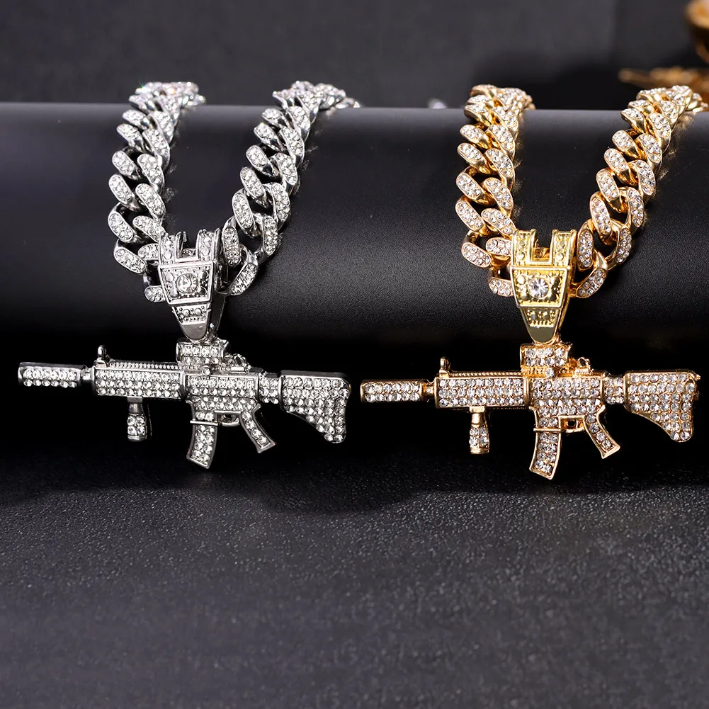 Hip Hop Iced Out Crystal AK47 Gun Pendant Cuban Necklace For Men Women Luxury CZ Tennis Chain Necklace Punk Rock Jewelry Gift view 3