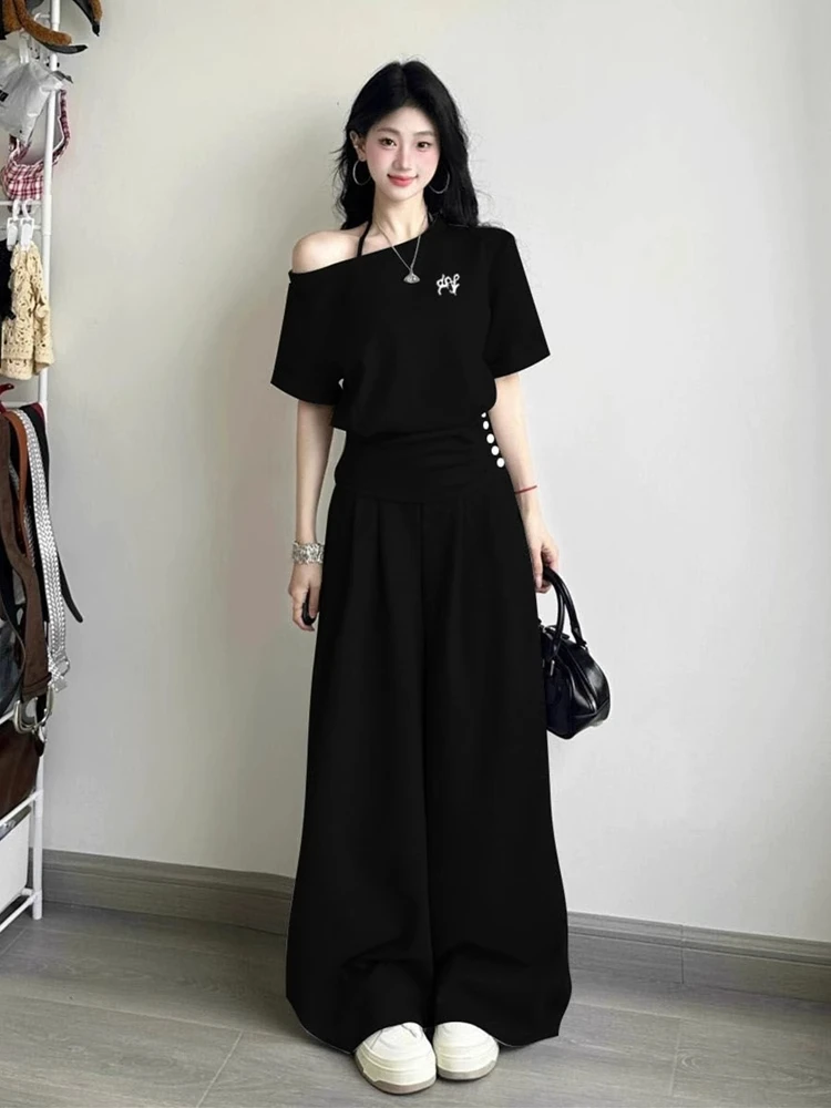 

Korean Style Casual Loose Summer Fashion Women's Short Sleeve Wide Leg Pants Sport Two Piece Set Slimming Effectiveness