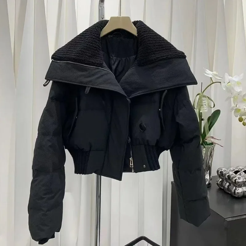 Winter Thicken Warm Parkas Short Loose Jackets Women Spliced Pockets Design Zipper Plush Big Lapel Coats Casual Women's Clothing