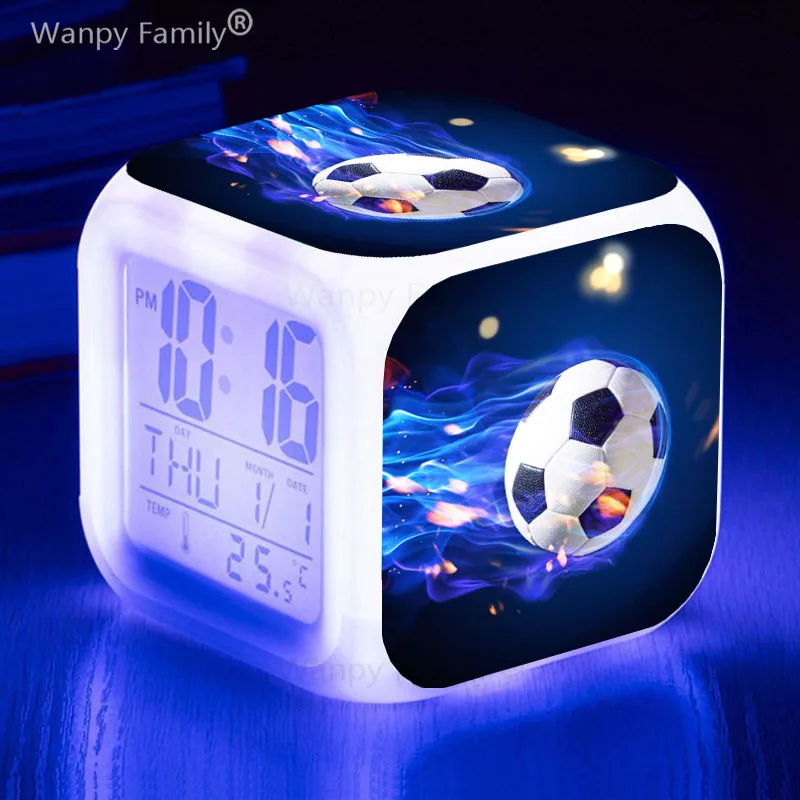 Football Poster 7Color Changing Digital Alarm Clock Student Bedroom Multifunction Wake Up Timer Desk Clock Kids Room Home Decor