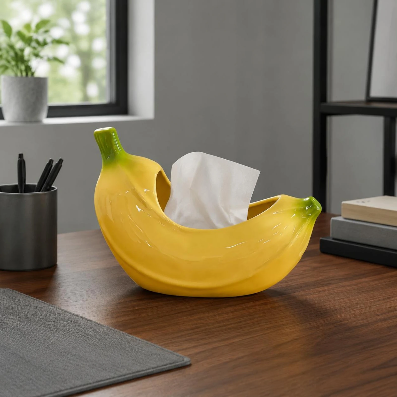 Banana Shaped Ceramic Tray Glossy Banana-Shaped Storage Tray Home Decor Item accessibleTop Rounded for Tabletop, Countertop