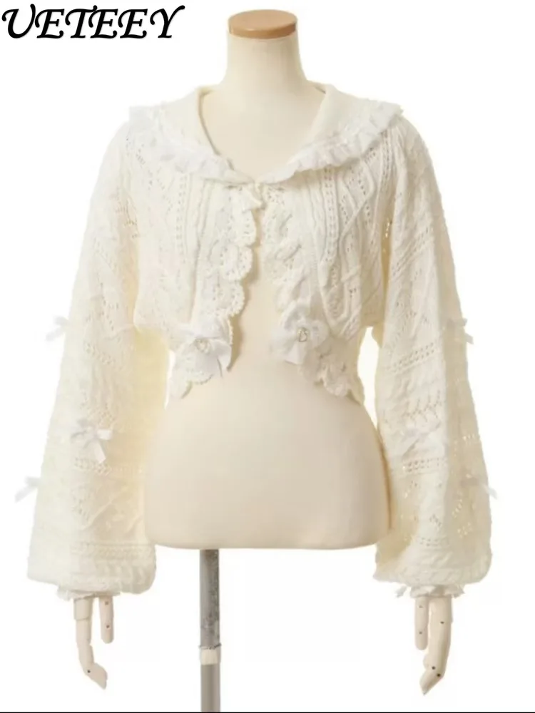 日本の長袖甘くてかわいいレースの弓セーラースーツショートセーターカーディガンコート女性ハイウエストファッションショートリズスカート