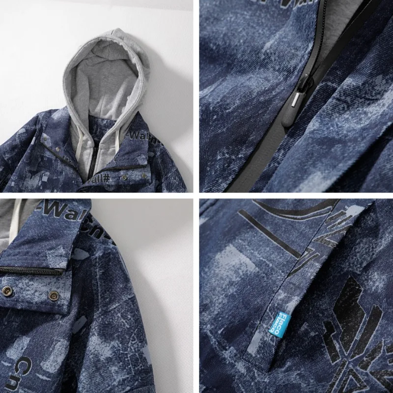 Male Fake Two-Piece Casual Loose Coat Winter Men Fashionable Camouflage Hooded Jacket Casual Contrast Color Large Size Outwear