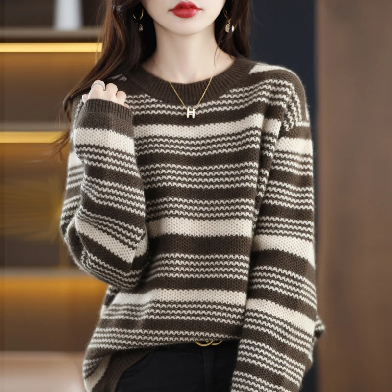 

Cashmere Sweater Women's Knitted Stripes Fashion Pullover O-Neck Loose Soft Top Autumn and Winter New 100% Merino Wool Sweater