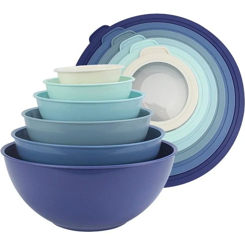 Mixing Bowls with TPR Lids - 12 Piece Plastic Nesting Bowls Set, Microwave Safe (Blue)