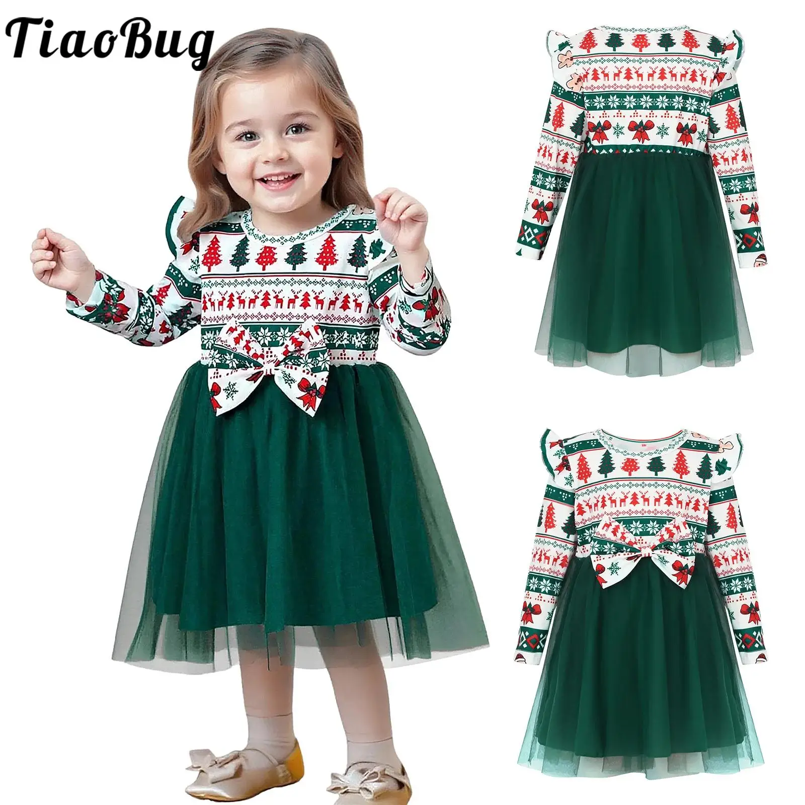 

Рождественское платье принцессы для маленьких девочек, милые платья с длинными рукавами и бантом с мультяшным принтом для праздника, новогодней вечеринки, фотосессии