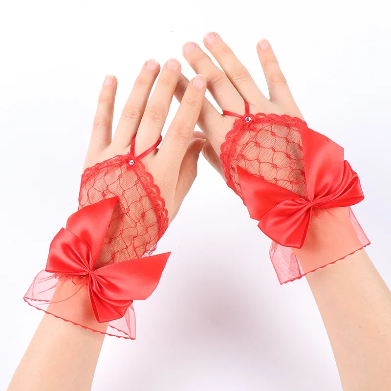 Gloves Bridal Wedding Dress Short Tulle Lolita Fingerless Black Lace Mesh Bow Women Elegant Lightweight Breathable Party