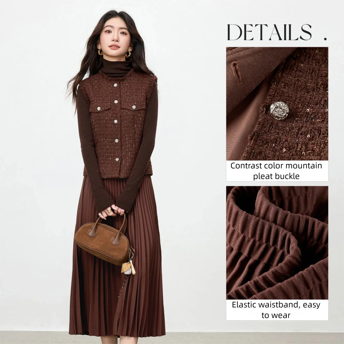 SENTUBILA Set coordinato gratuito da donna 2025 autunno gilet in tweed e gonna a trapezio in vita elastica set casual da ufficio a due pezzi ﻿ 154ZA3673