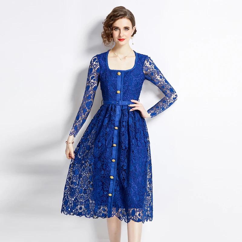 

Retro lace dress for women slim-fitting mid-length autumn new long-sleeved blue square collar elegant ladies dress free shipping