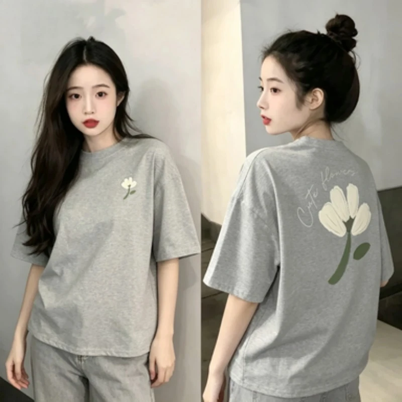 100% Cotton Women Round Neck Standard T Shirt, Cute Flowers Double Sided White Floral Hand Drawn Print Front Chest Back Short