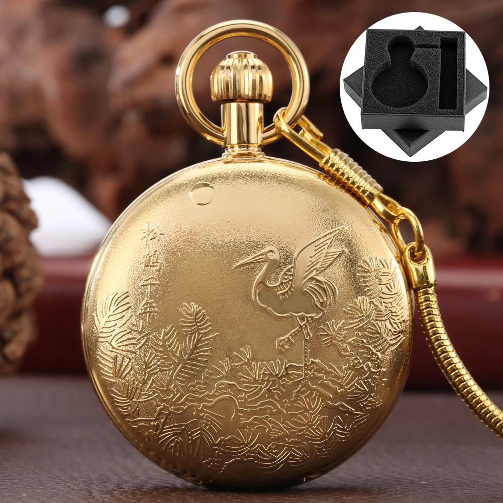 

Antique Gold Copper Field Crane Design Men's Mechanical Pocket Watch Snake Fob Chain Pendant Luxury Automatic Timepiece Gift Box