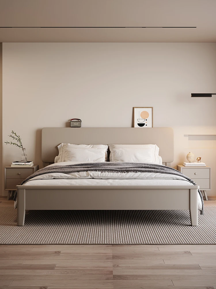 Nordic gray solid wood bed, all solid wood modern simple master bedroom double bed small apartment