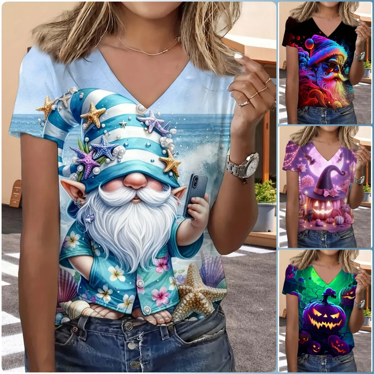 

Women's Cartoon Santa Claus Print Tops Christmas T Shirts Tees Short Sleeve V-Neck Casual Party Clothing Oversized Ladies Tops