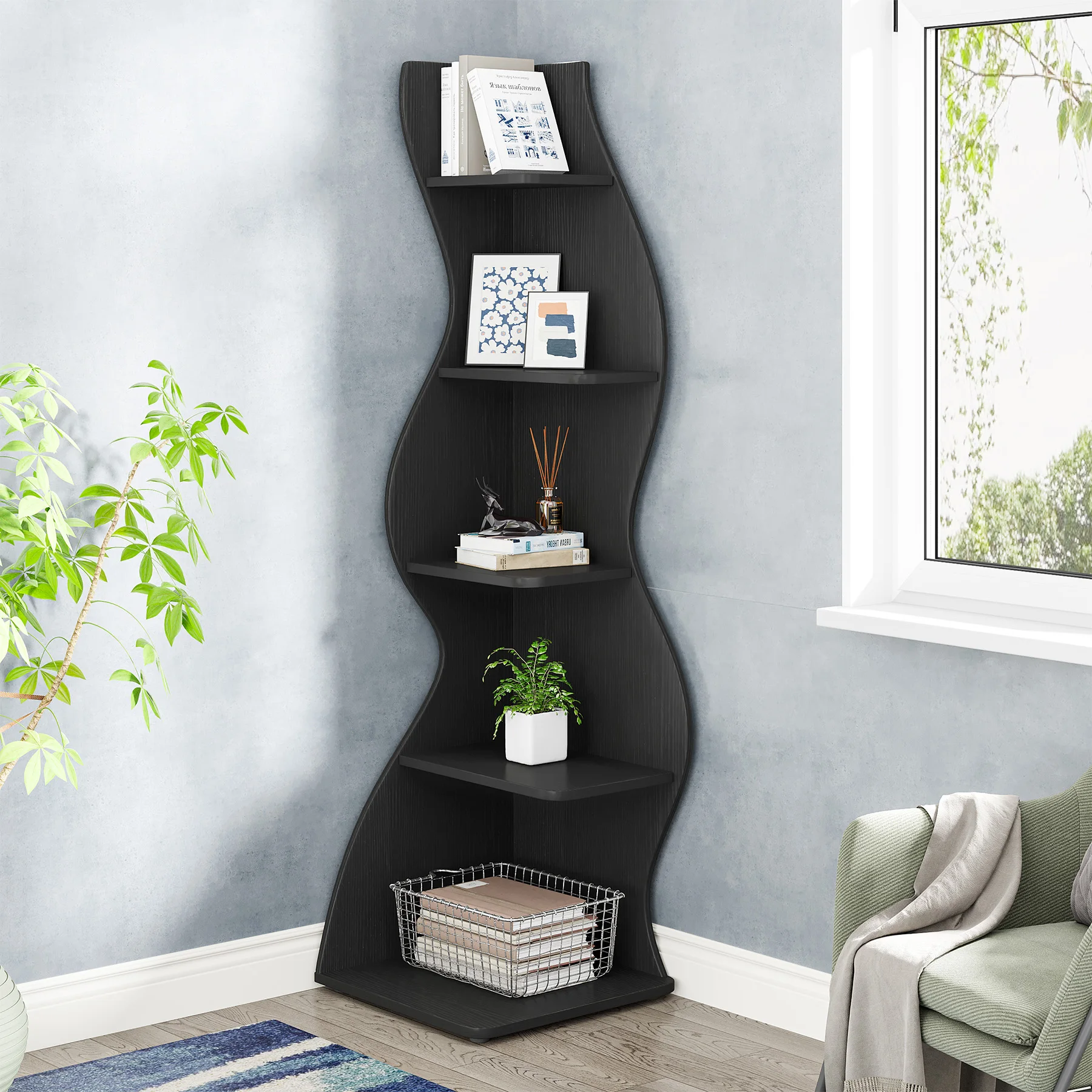 Kleine boomvormige 5-laags hoekplank, moderne wandhoekboekenplank, stijlvolle kleine hoekboekenkast opbergrek - afbeelding 1