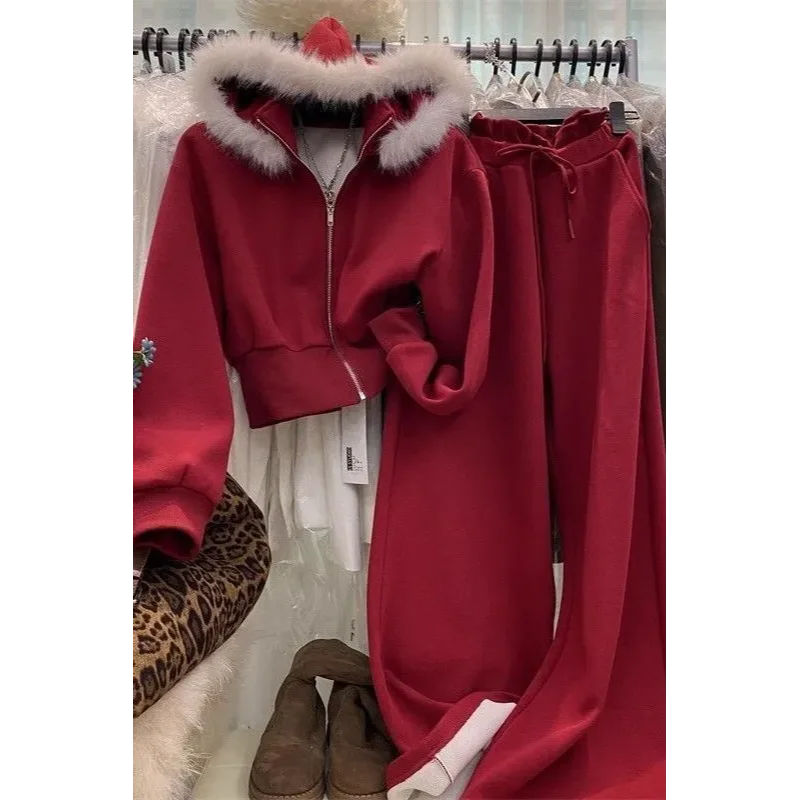 Dames nieuw gestikte bontkraag capuchon rits jas wijde pijpen broek modieus effen kleur veelzijdig casual tweedelig pak