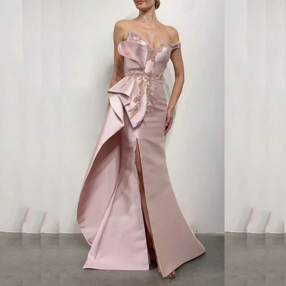 Vestido de noche rosa con apliques sin tirantes para mujer, traje de lujo con pliegues, cola de la capilla, elegante para ocasiones formales, graduación, 2024