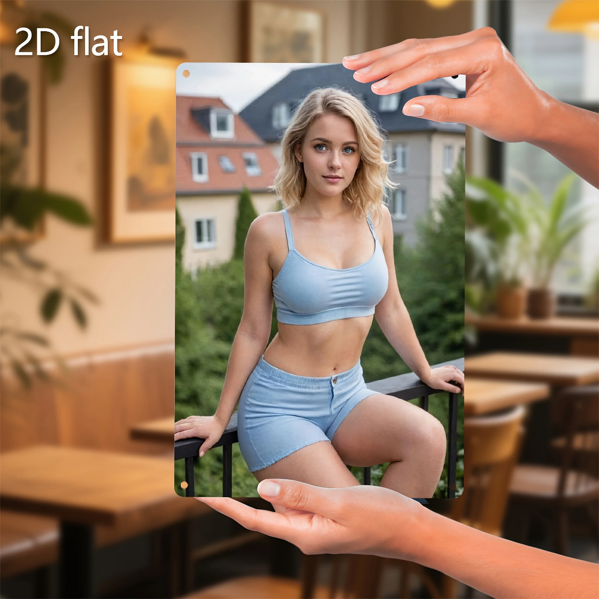 2D Flat Metal Wall Art, Vintage Blonde Lady in Sports Bra & Shorts Sign, 7.87×11.8 Inch, Pre-drilled Holes, Weatherproof Iron Pl