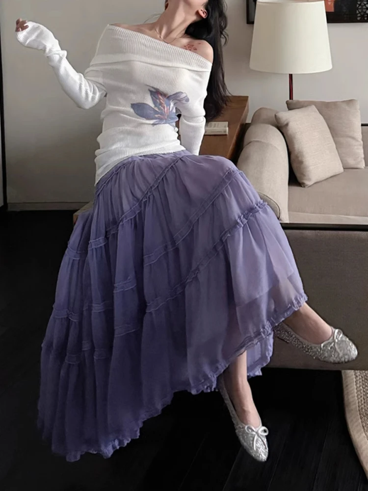 

Длинная тюлевая юбка Ele, женская юбка-миди трапециевидной формы с высокой талией, корейская дышащая юбка Me, многослойная фиолетовая баклажана