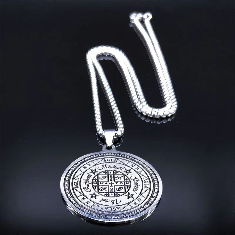 Magic Talisman Stainless Steel Necklace wheel of fortune (Agla-INRI) Protection of angel Silver Color Necklace Jewelry N2832S02