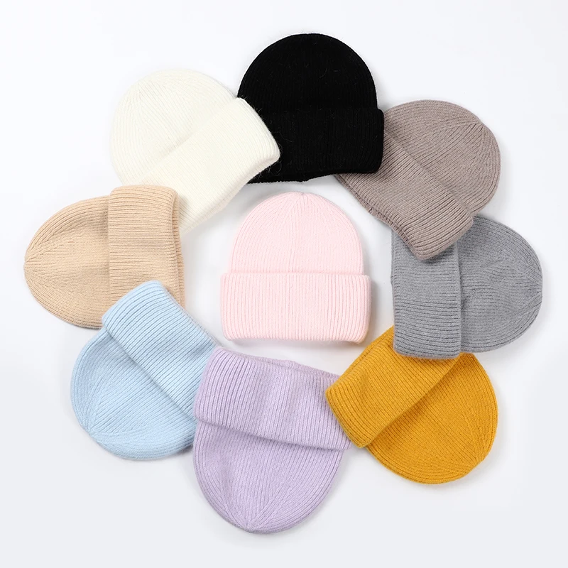 Winter Hats For Women Rabbit Fur Beanie Hat Woman Knitted Skullies Beanies Solid Wool Soft Autumn Winter Cashmere Caps Bonnet