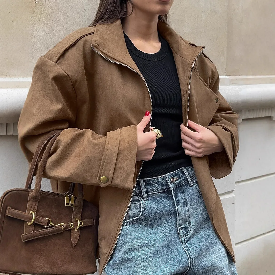 

Vintage Autumn Women's Suede Coat Khaki Turn Down Collar Zipper Fly Elastic Hem Female Jacket Slouchy-Style Chic Blazer For Lady