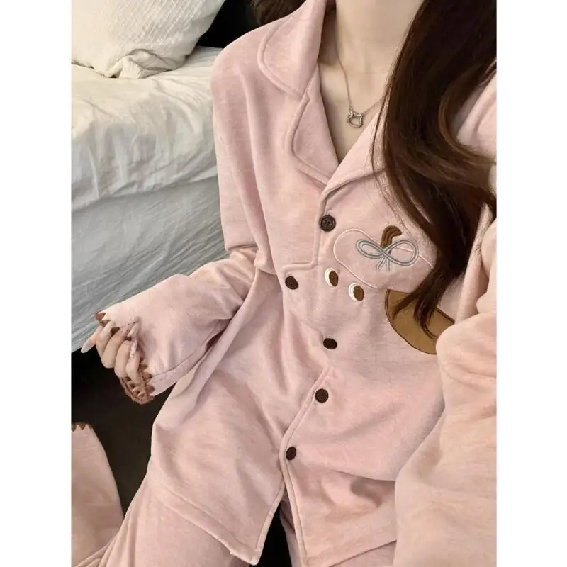 

Comfortable Sleepwear Korean Sweet Cartoon Warm Women's Autumn Winter New Thick Long Sleeve Pants Loungewear Home Clothes Set