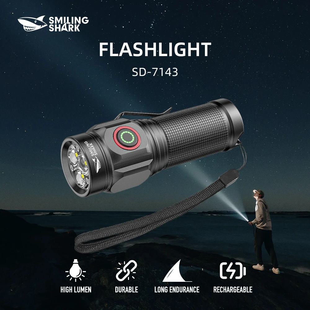 1 قطعة Smiling Shark SD-7143 LED مصباح يدوي، مصباح يدوي فائق السطوع، ضوء فلاش طويل الأمد قابل لإعادة الشحن للخارجية