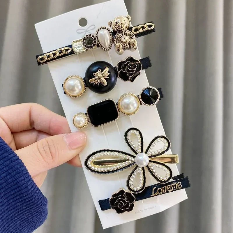 Retro 5-piece Hair Clip Simple Pearl Side Clip for Women Girls Headband  Hairpins Barrettes Ins Black Froral Hair Accessories