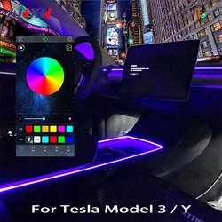 Tubos de luz de neón para tablero de consola central, para Tesla Model 3 Model Y 2021- 2024, tira de luces LED interiores RGB con controlador de aplicación