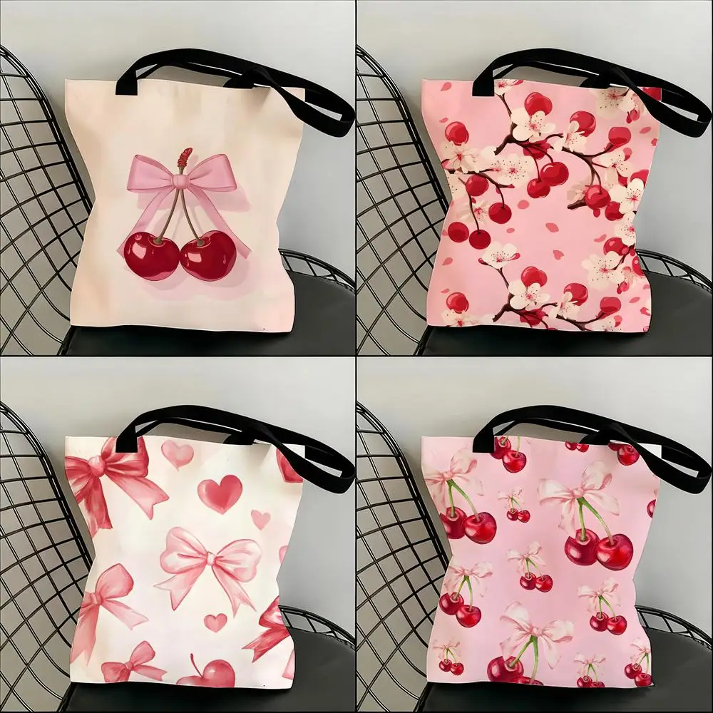 عيد الحب جديد عصري ريترو القلب الكرز تخزين أكياس خفيفة الوزن قماش الكتف المتسوق المألوف ايكو متعددة الاستخدام حمل مع La #1