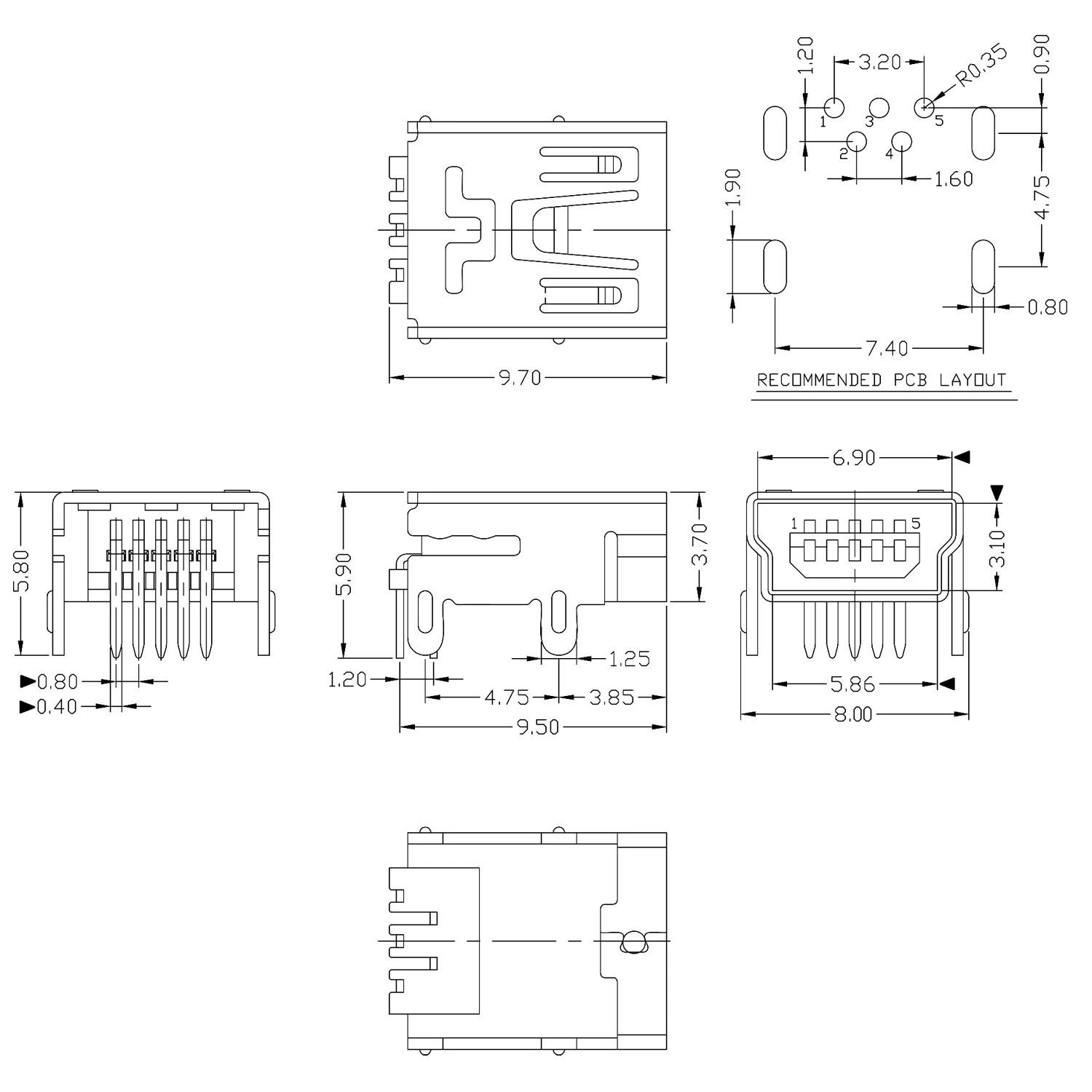 10pcs Mini USB 2.0 Connector 5Pin DIP 4Feet DIP B Type Connector For Audio Vedio TV Electronices Equipment Power Charging