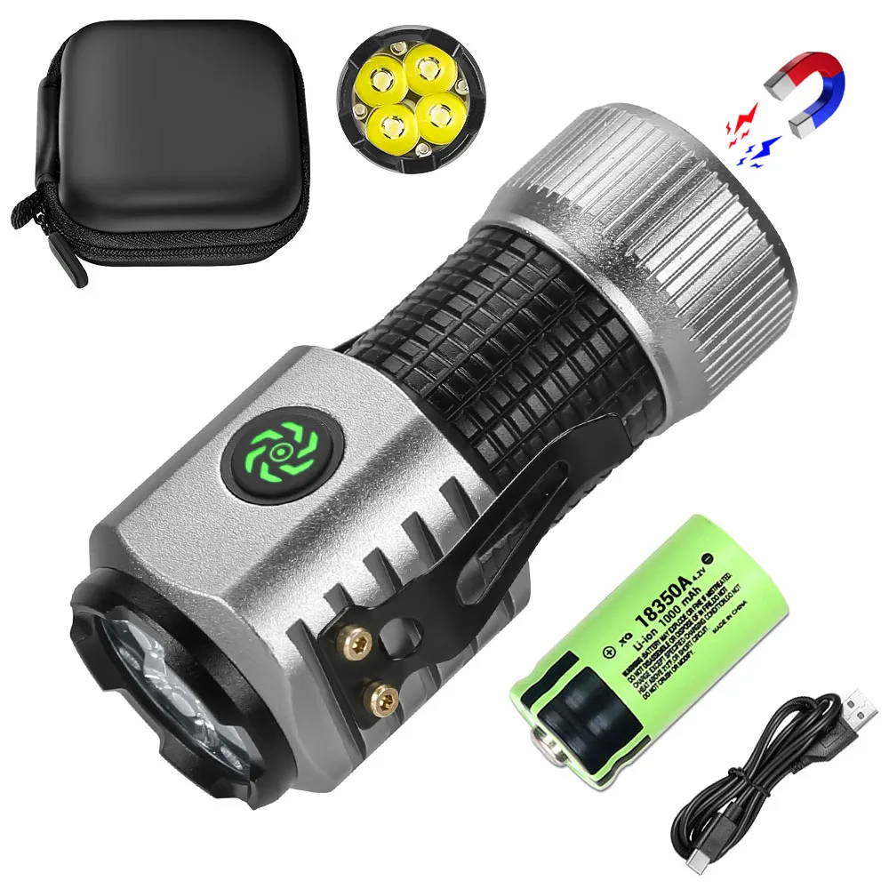 

4 F35 LED Flashlights Alloy Portable Hat Clip Lamp 18350 Torch 1800 Lumens Rechargeable ATR Light with Magnet for Hiking Camping