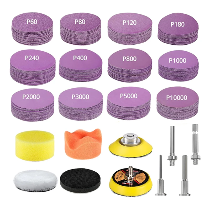 2Inch 50MM Wet and Dry Sandpaper Kit 130Pcs with Foam Polishing Pad Sanding Pad and Adapter for Grinding Car Wool Metal