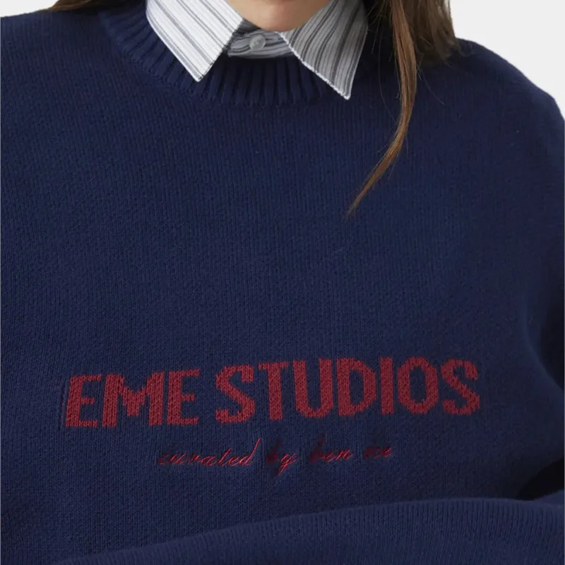 루즈핏 스웨터 신상 패션 노란색 레터링 자카드 니트 스웨터 여성 캐주얼 O넥 풀오버 탑 겨울 데일리 스트릿